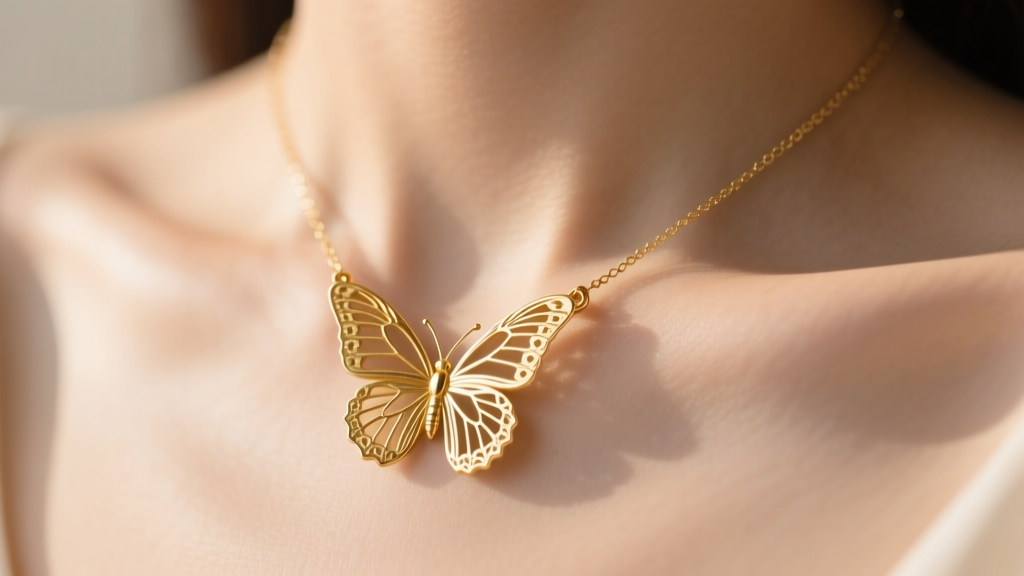 Close-up of a delicate 14k gold butterfly necklace on a woman