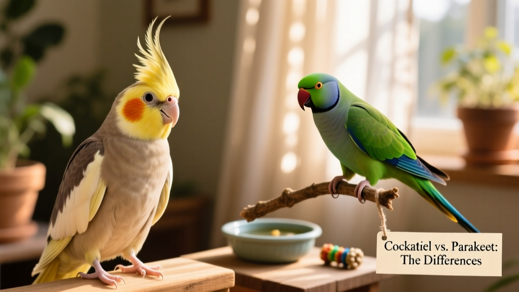 Side-by-side comparison showing a cockatiel’s crest and softer facial features next to a smaller, sleeker parakeet with vibrant plumage