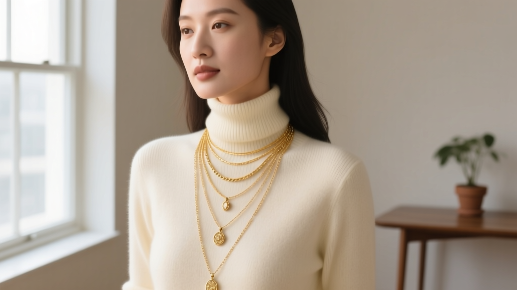 Woman wearing layered gold necklaces over a cream turtleneck, showcasing ideal winter jewelry length and styling proportions.