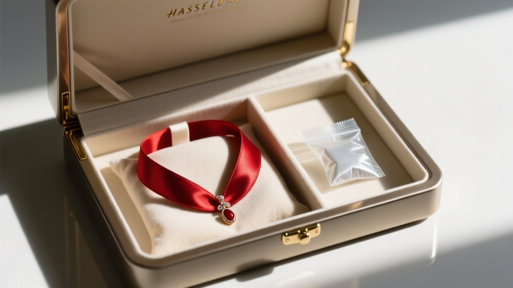 Open jewelry box showing a red necklace stored inside an anti-tarnish cloth pouch next to a small silica gel packet.