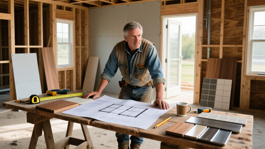 Owner-builder reviewing blueprints and material samples on a wooden table at a construction site with framed walls in the background