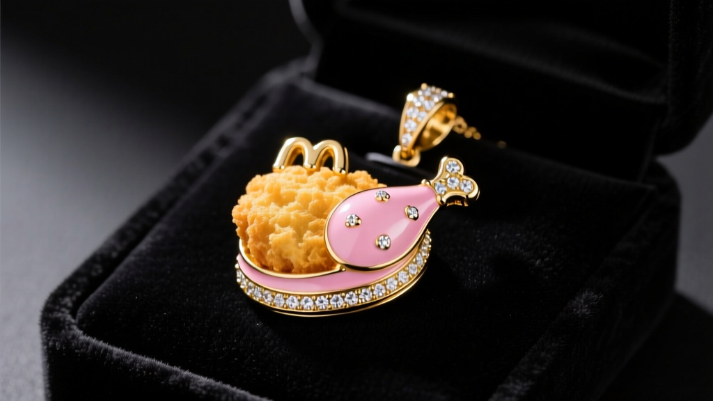Custom 18k gold fried chicken pendant with pave diamonds and pink enamel resting on a dark velvet jewelry display pad
