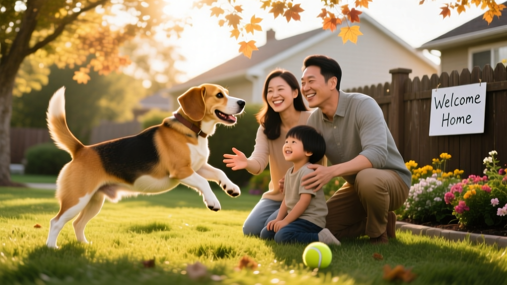 A happy Beagle playing in a backyard with a new family, showing joyful interaction and comfort