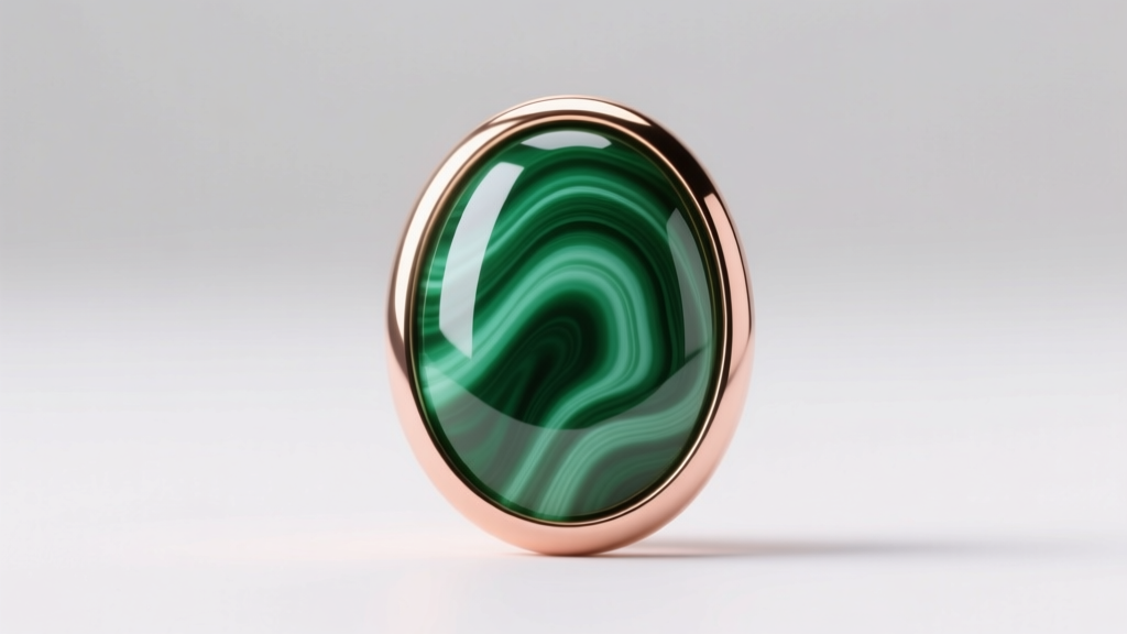 Studio photo of polished malachite cabochon set in 18k rose gold bezel, showing vivid green banding and protective metal rim.