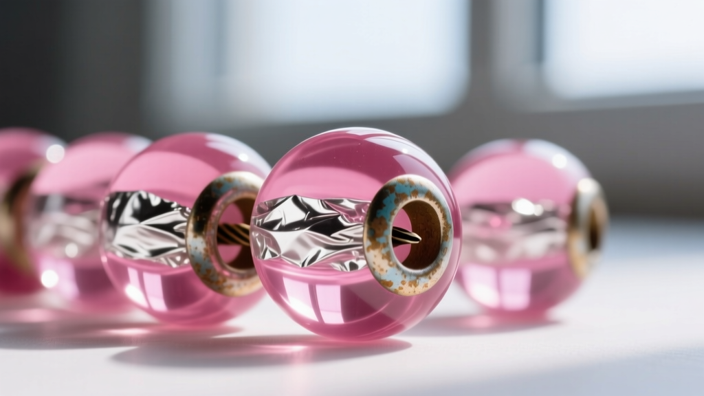 Close-up macro shot of vintage Czech pink glass beads showing internal silver foil lining and slight patina around drill holes.