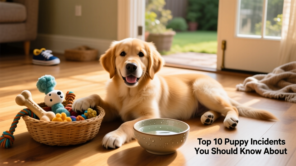 Happy puppy resting beside a basket of safe chew toys and a bowl of fresh water on a sunlit floor