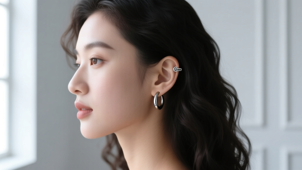 Side profile of a woman wearing 16g titanium flat hoop earrings in a helix piercing, illuminated by soft natural window light.