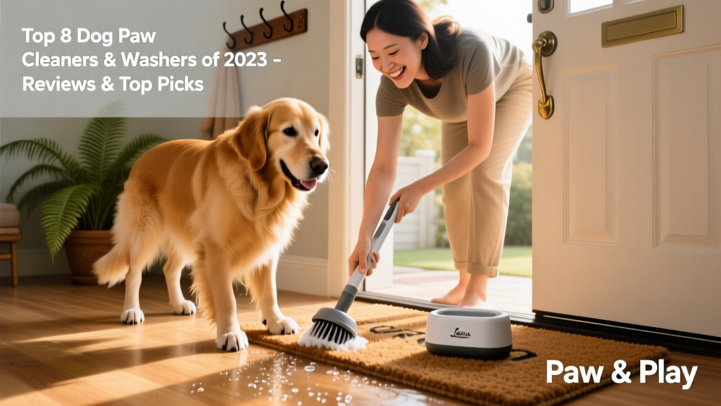 A dog owner using a portable paw plunger by the front door, with clean paws visible