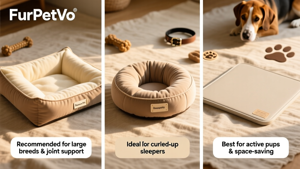 Side-by-side comparison of three FurPetVo dog beds: orthopedic pillow, bolster donut, and flat mat styles, each labeled with recommended sizes and sleep styles