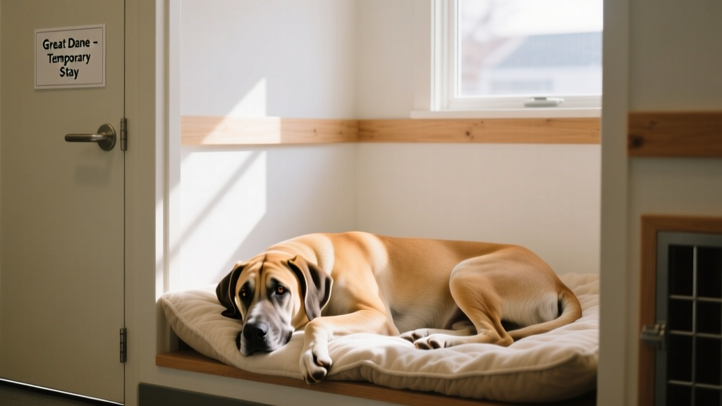 A calm, gentle Great Dane resting in a clean, well-lit shelter kennel with soft bedding