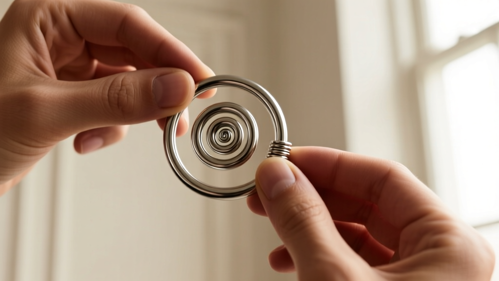Hands twisting a titanium spiral hoop into a helix piercing, showing the lateral tension closure method under bright natural light