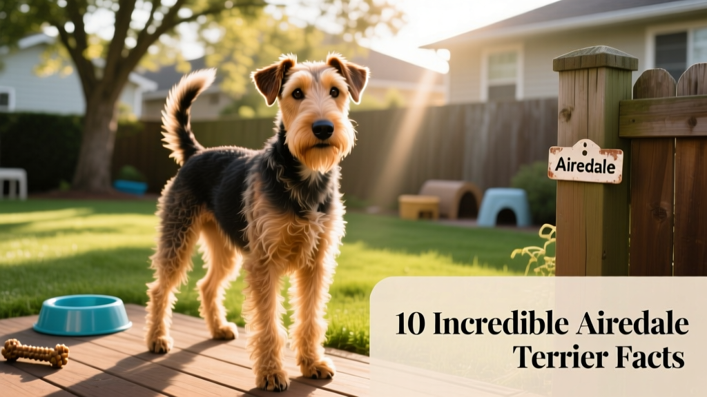 A spirited Airedale Terrier standing proudly in a sunlit backyard, ears alert and tail held high