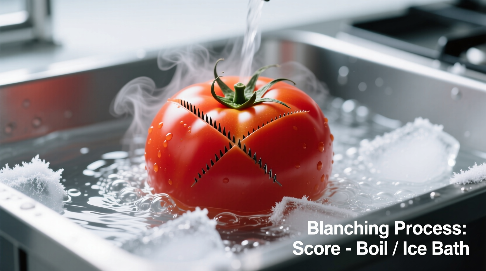 Tomato blanching process showing scoring, boiling, and ice bath steps