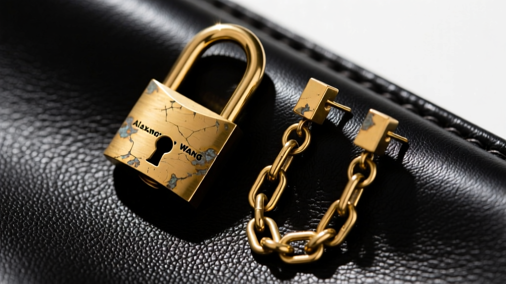 Overhead view of Alexander Wang padlock and chain drop earrings on dark leather showing natural tarnished brass patina and wear.