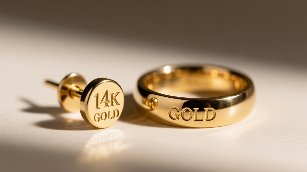 Macro shot of an 18-gauge gold quinceanera earring post beside a stamped 14k gold ring, highlighting metal hallmarks and thickness