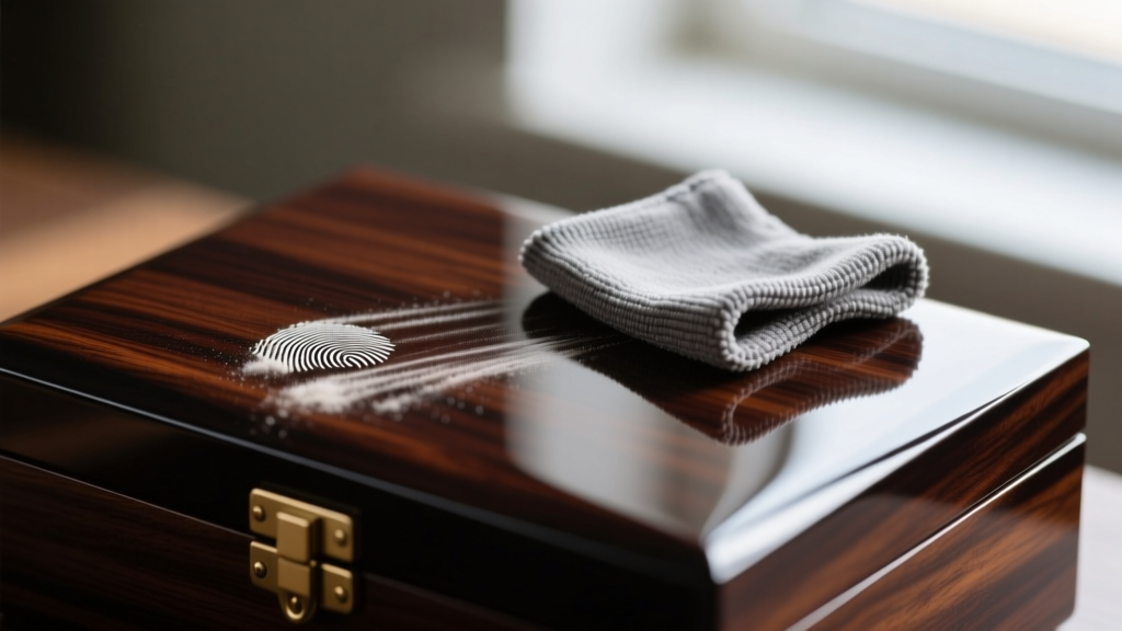Microfiber cloth wiping the polyurethane surface of a dark wood-veneer jewelry box, gently removing dust and fingerprint oils.