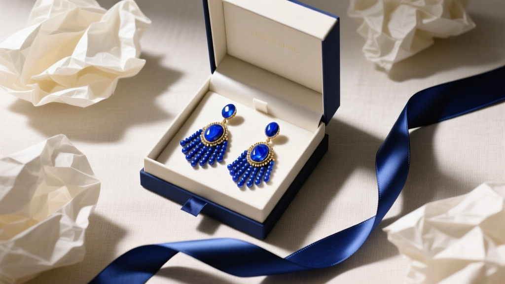 Overhead flat lay of a gift box with lapis lazuli gemstone beaded fringe earrings, surrounded by tissue paper and a silk ribbon.