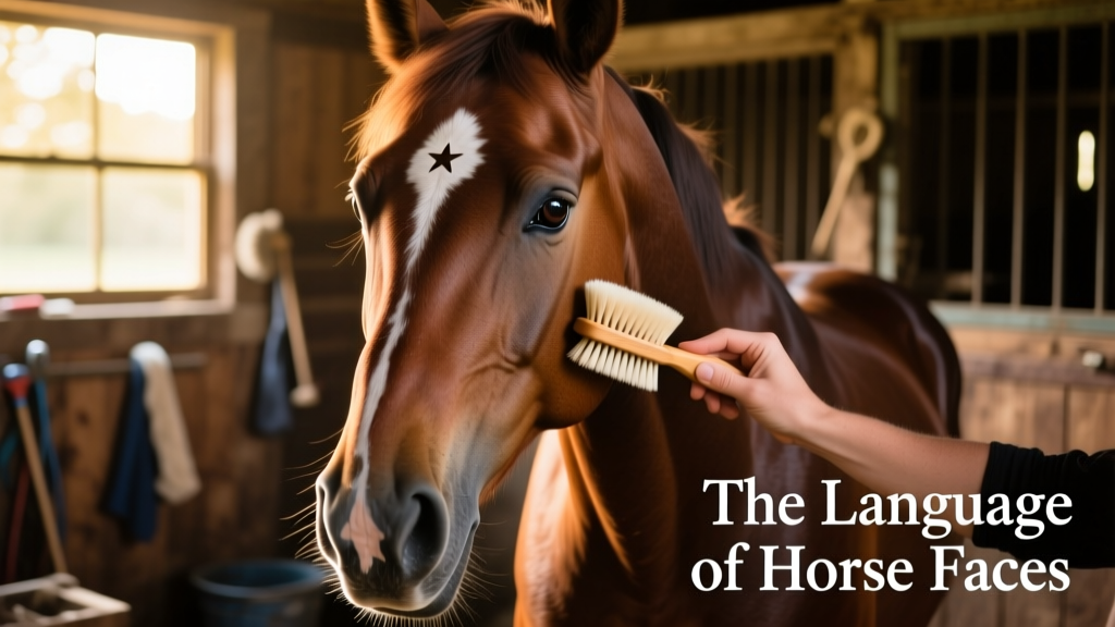 Grooming session showing a bay horse with a star and snip, being gently brushed with a soft face brush
