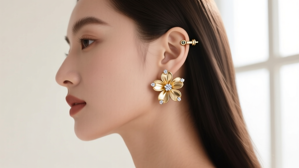 Side profile of a woman wearing delicate gold flower earrings with diamonds, highlighting the secure screw-back post and clutch.
