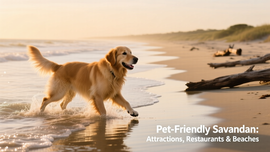 Golden retriever playing gently in shallow waves at Driftwood Beach