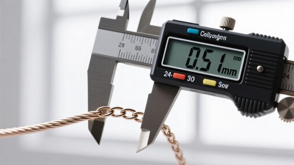Digital caliper measuring wire thickness of a delicate 24-gauge craft store cable chain, showing 0.51mm on the LCD screen.