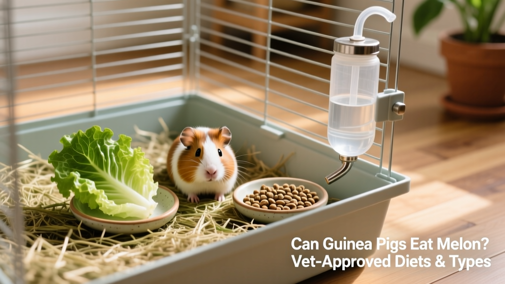 A clean, well-lit guinea pig enclosure with timothy hay, fresh romaine lettuce, a small ceramic dish with pellets, and a water bottle—all arranged neatly
