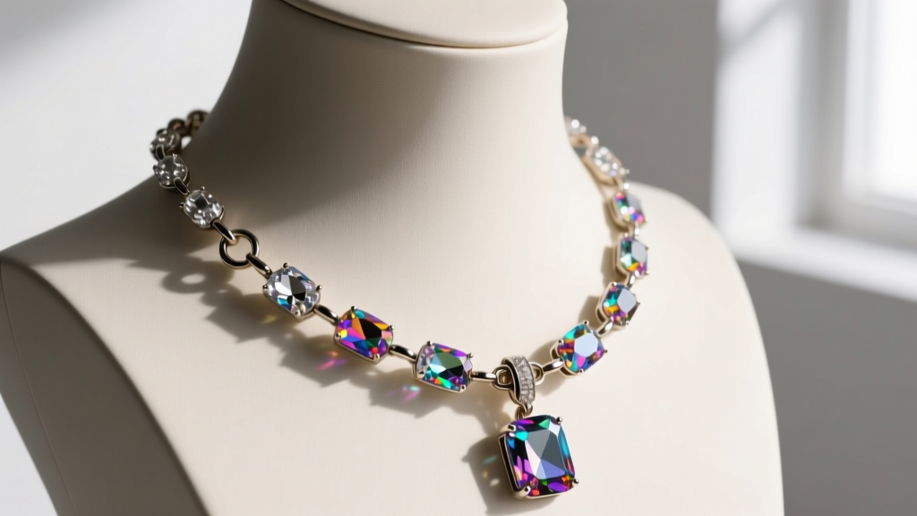 Close-up of a glass rhinestone lariat necklace on a mannequin, showing reinforced jump rings and a sturdy lobster clasp