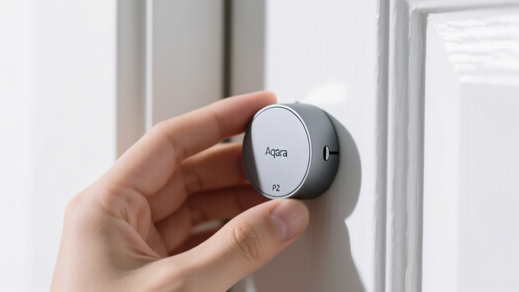 Hand holding an Aqara Door and Window Sensor P2 next to a white door frame, highlighting the compact matte finish and magnetic alignment