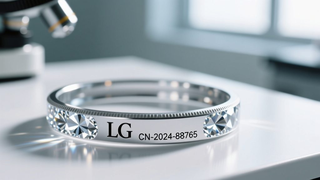 Microscope view of a lab-grown diamond girdle showing a microscopic laser inscription reading LG and a certificate number clearly.