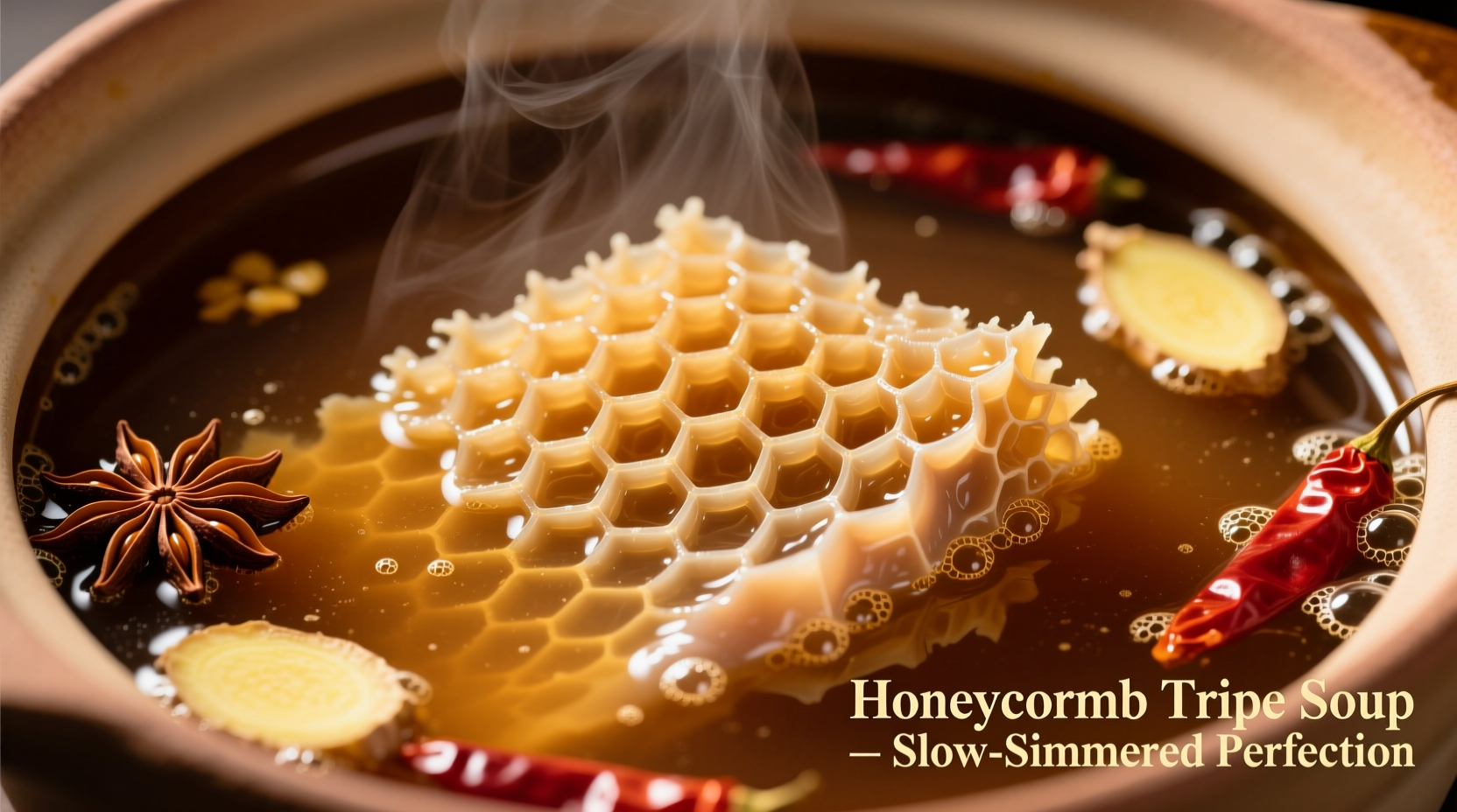 Honeycomb tripe simmering in rich broth