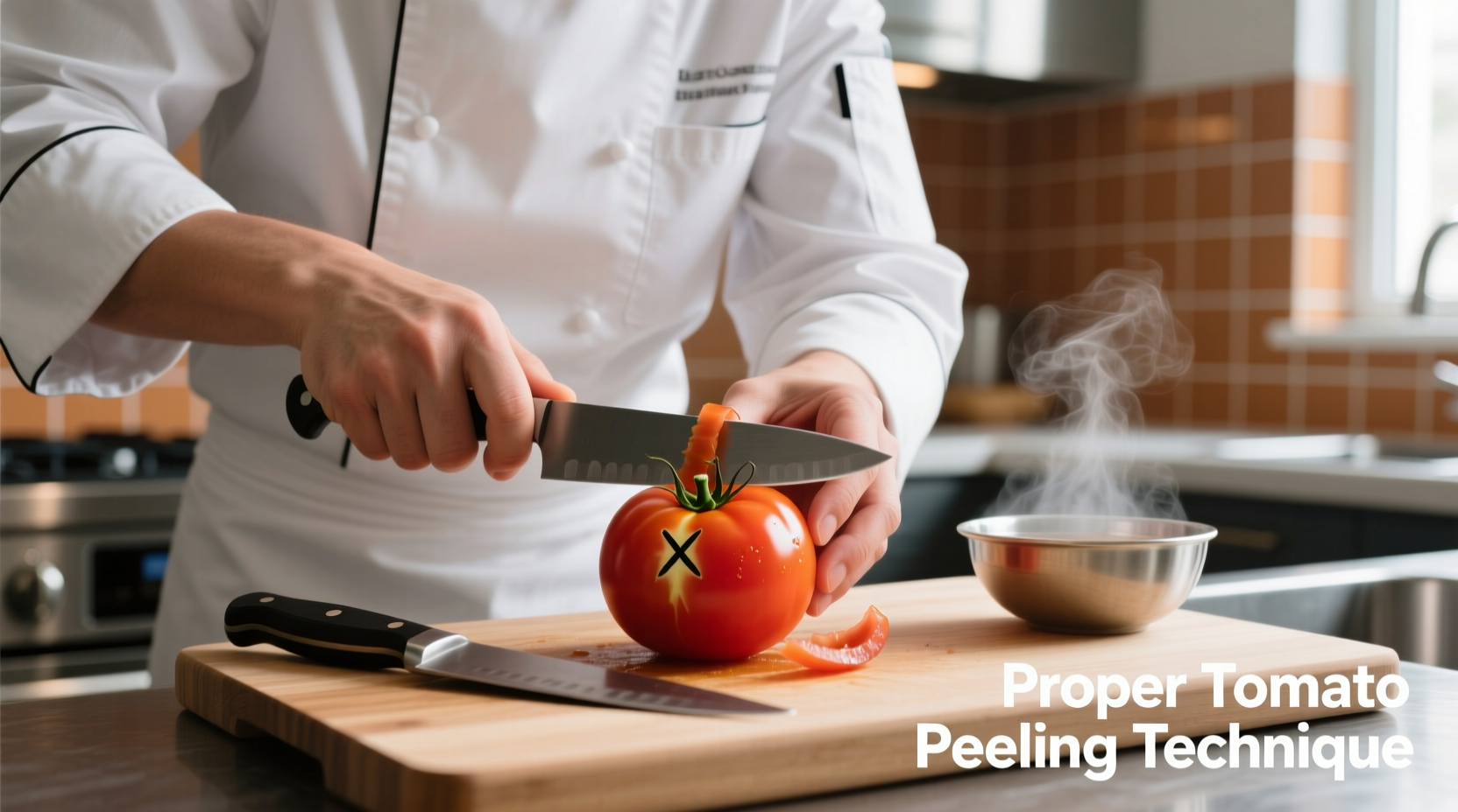 Chef demonstrating proper tomato peeling technique