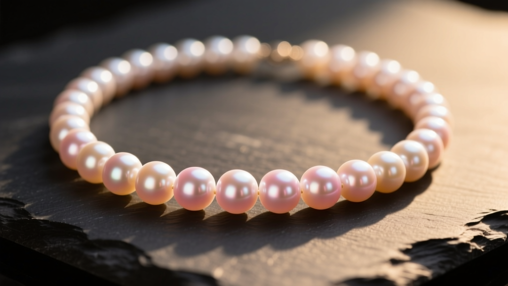 Close-up of a graduated Akoya pearl necklace on dark slate, showing mirror-like luster and subtle rose overtones in warm light