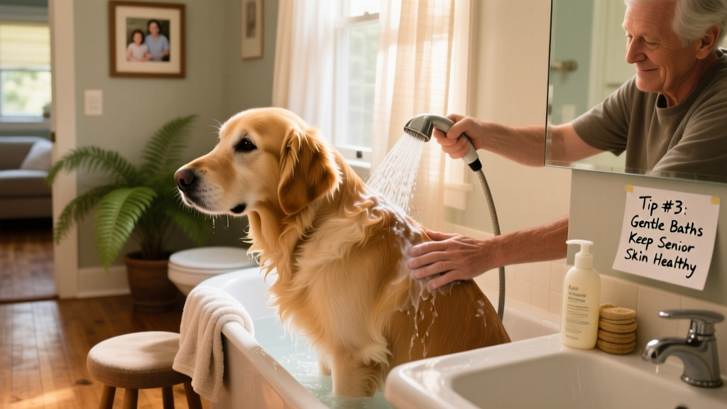 A gentle golden retriever receiving a soothing bath in a home setting