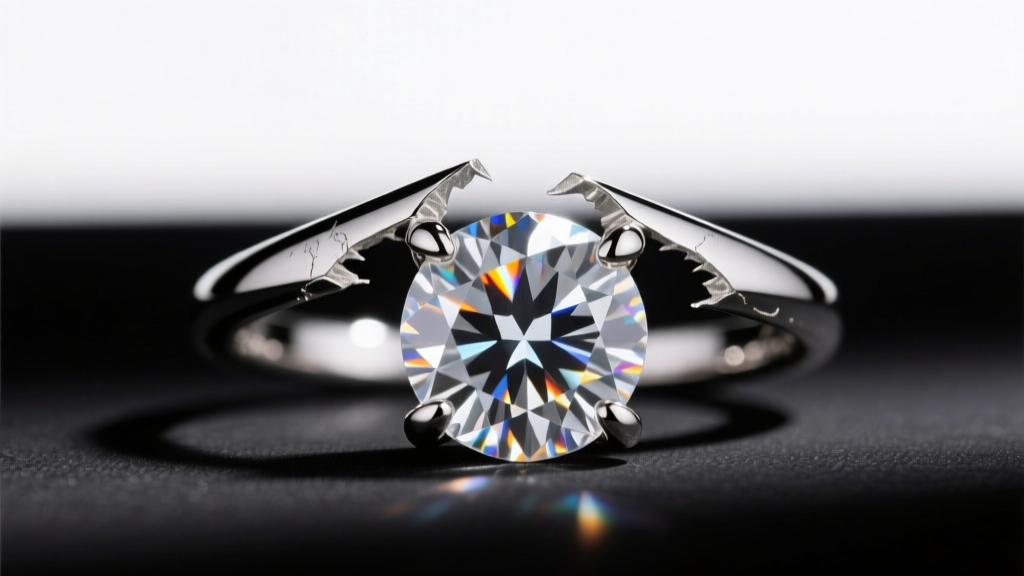 Macro shot of a diamond pendant showing two of four platinum holding prongs sheared off, viewed under bright studio lighting