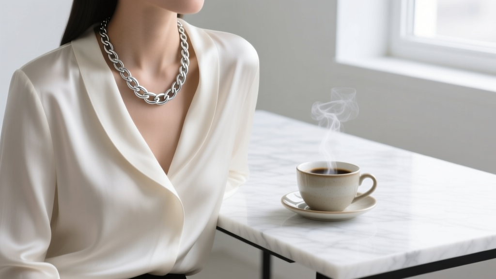 Sterling silver breathing necklace layered over a silk blouse beside a coffee cup on a white marble desk, bright editorial style.
