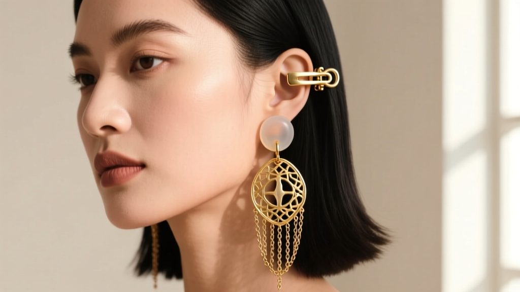 Profile of a woman wearing a heavy brass dangle earring converted to a clip-on, showing a clear silicone cartilage stabilizer.