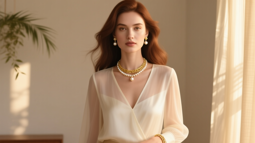 Woman wearing a delicate gold and pearl jewelry set with a V-neck blouse, showcasing proportional styling in warm natural light.