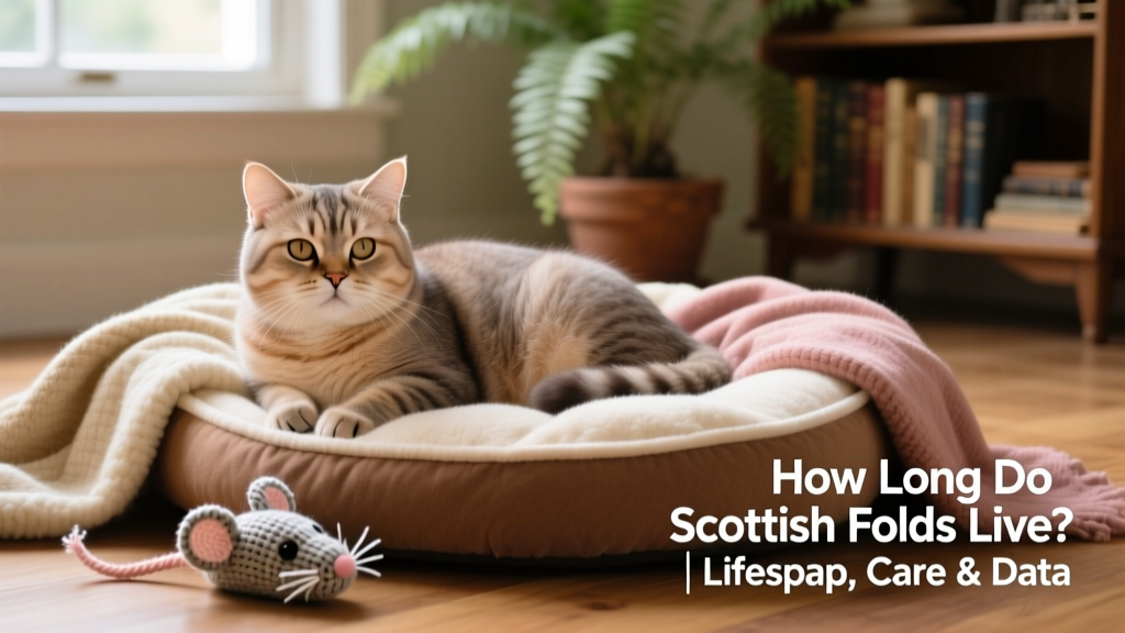 Senior Scottish Fold resting peacefully on a heated cat bed, surrounded by soft blankets and a favorite toy nearby
