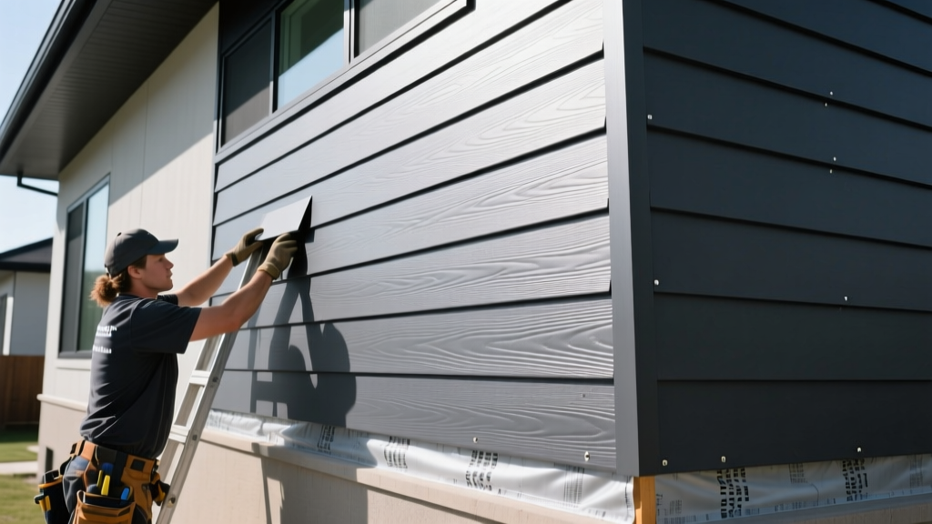 Contractor installing dark gray JennyCore fiber-cement lap siding over a weather-resistive barrier on a modern residential exterior wall