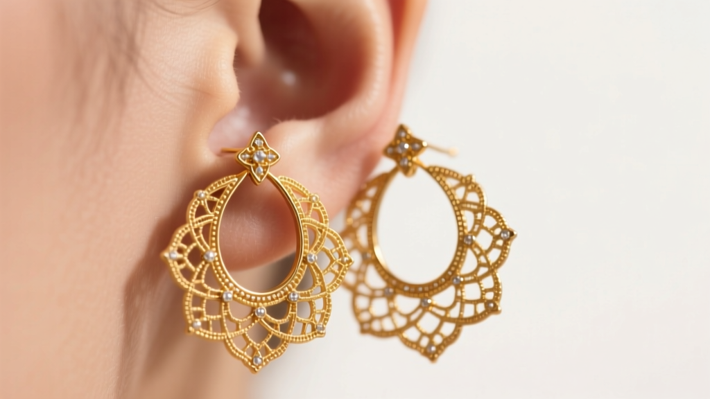 Large gold filigree arracadas earrings on a lobe, highlighting intricate metalwork and slight forward tilt under soft studio light