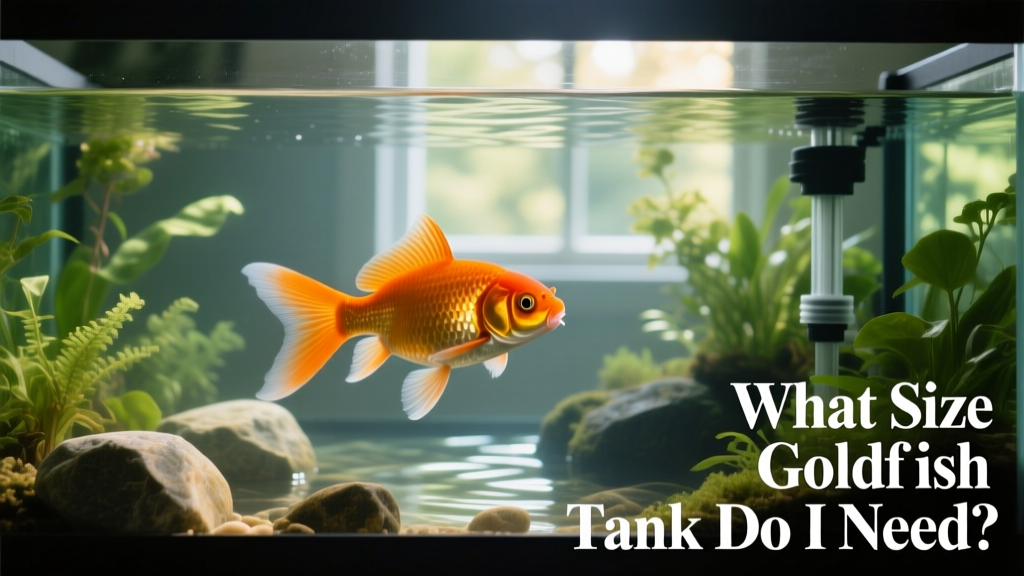 A healthy adult goldfish swimming gracefully in a spacious, well-planted 55-gallon aquarium with clear water and gentle filtration flow