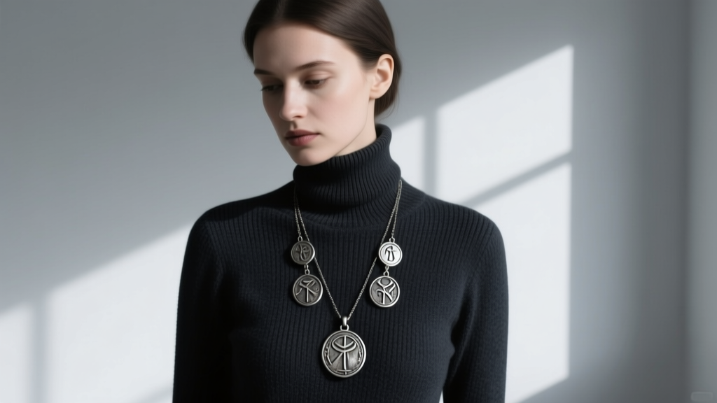 A woman wearing a dark academia outfit with a layered oxidized silver talisman necklace over a charcoal turtleneck sweater