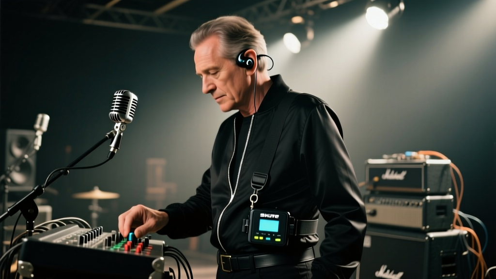 Musician wearing Shure PSM300 in-ear monitors on a dimly lit stage adjusting the bodypack volume knob during soundcheck