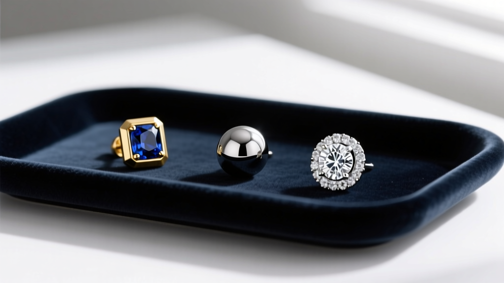 Dark velvet tray holding three studs: a titanium ball, a 14k gold sapphire bezel, and a platinum diamond halo stud earring