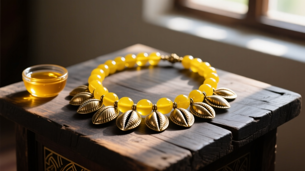 Vibrant Oshun necklace with yellow glass beads and brass cowrie shells resting on a dark wooden altar near honey