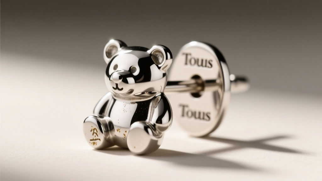 Macro shot of sterling silver Tous bear earring post and backing, showing slight tarnish near the hallmark stamp in bright light.