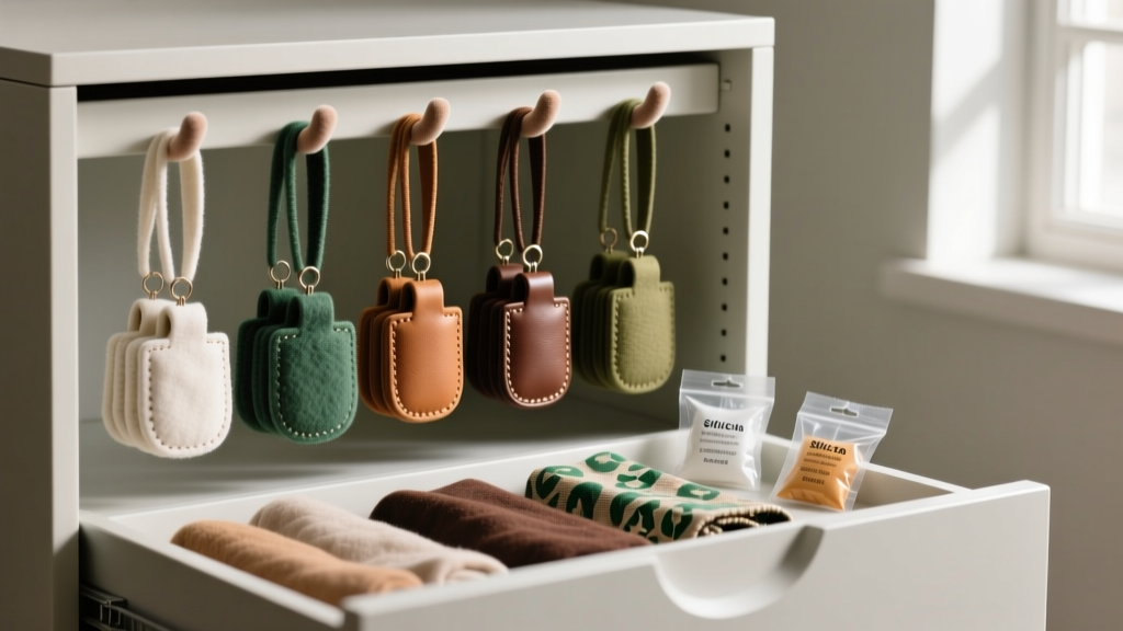 Storage drawer displaying cleaned koozie necklaces on velvet hooks, separated by material type, with silica gel packets nearby.