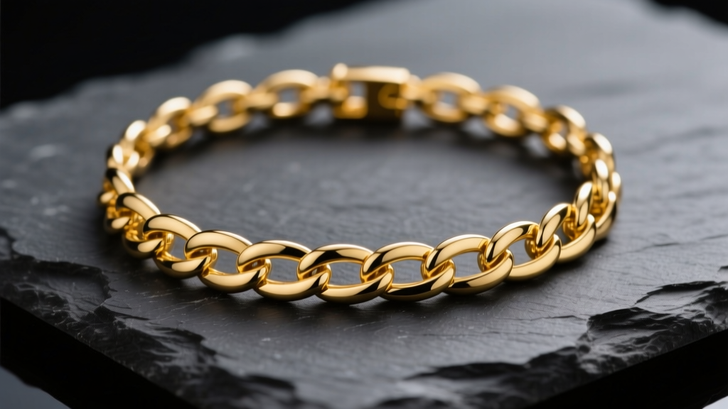 Macro shot of an 18k yellow gold necklace band on dark slate, highlighting interlocking links under soft studio light.