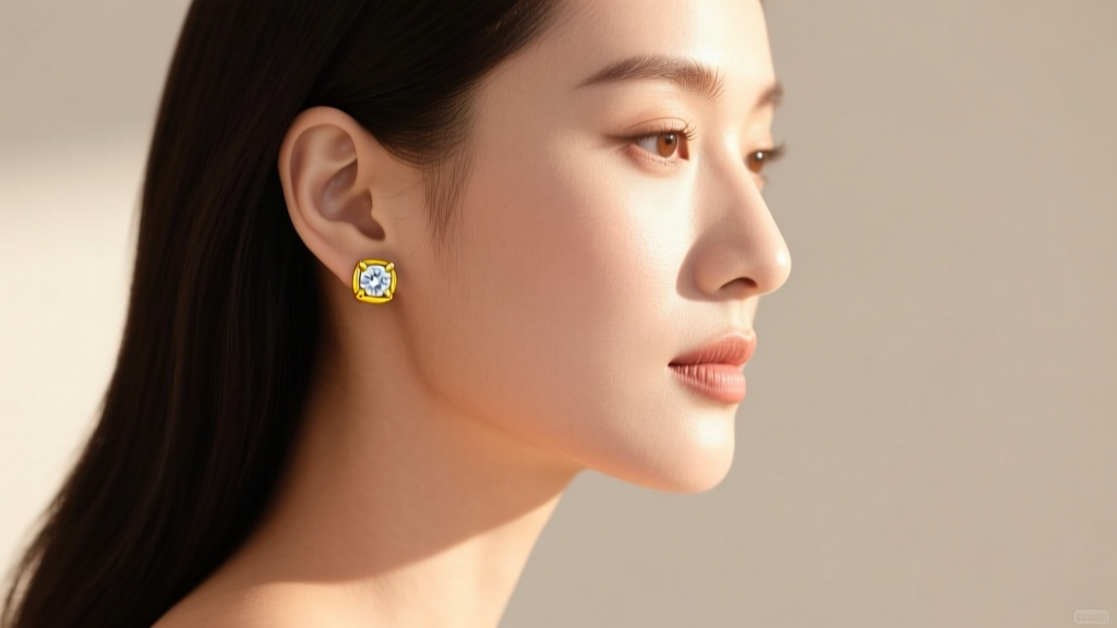 Side profile of a woman wearing yellow gold bezel set half karat diamond studs with hair tucked behind her ear in natural daylight