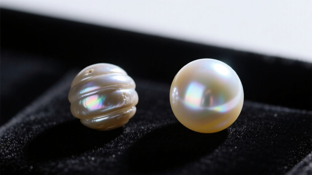 Macro photography comparing a dull low-grade freshwater pearl next to a sharp-lustered Hanadama Akoya pearl on black velvet